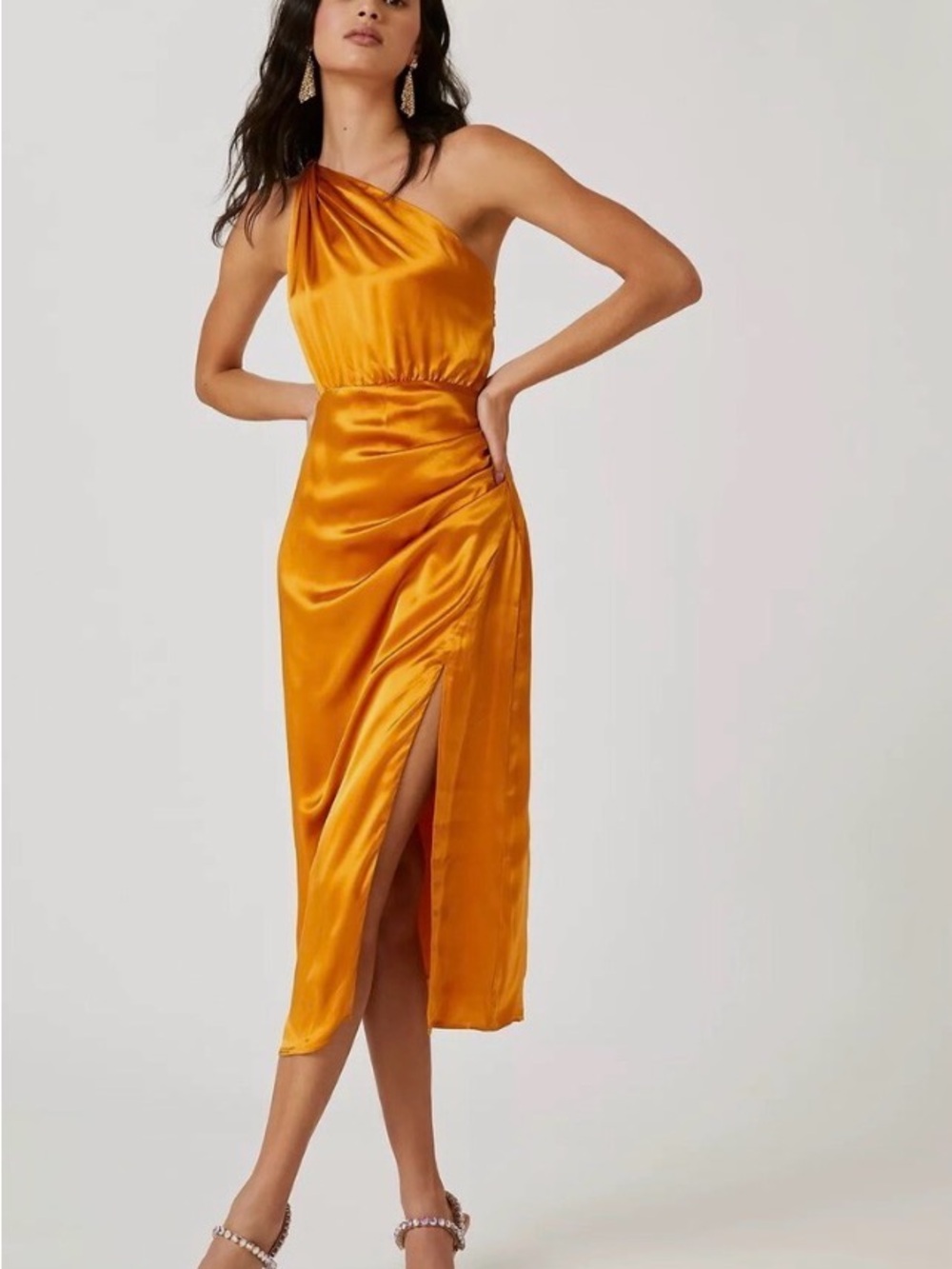 Anthropologie One-Shoulder Silk Dress in Marigold